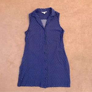 Popsugar Blue Sleeveless Tunic Button Down Top White Polka Dot Womens Medium